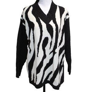 Vintage 1980's Mondi Sport Escada Zebra Print Animal 90s Sweater V-Neck 36 / M